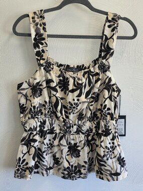 Nicole Miller Linen Blend Black White Floral Sleeveless Summer Top Size Large